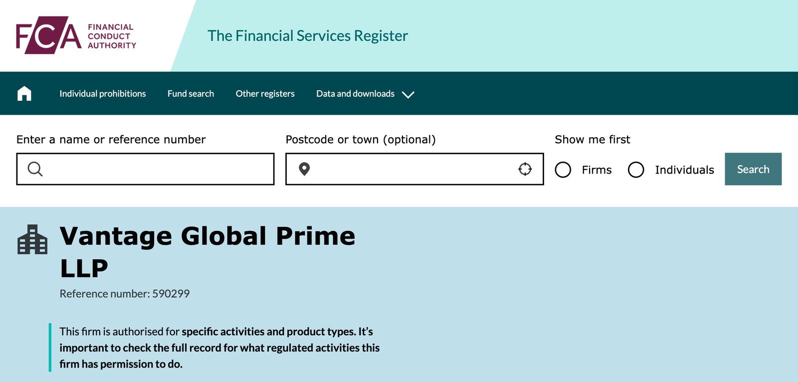 英FCAの登録簿に掲載されたVantage Global Prime LLP。Reference number 590299で、特定の業務と商品について認可されていると表示