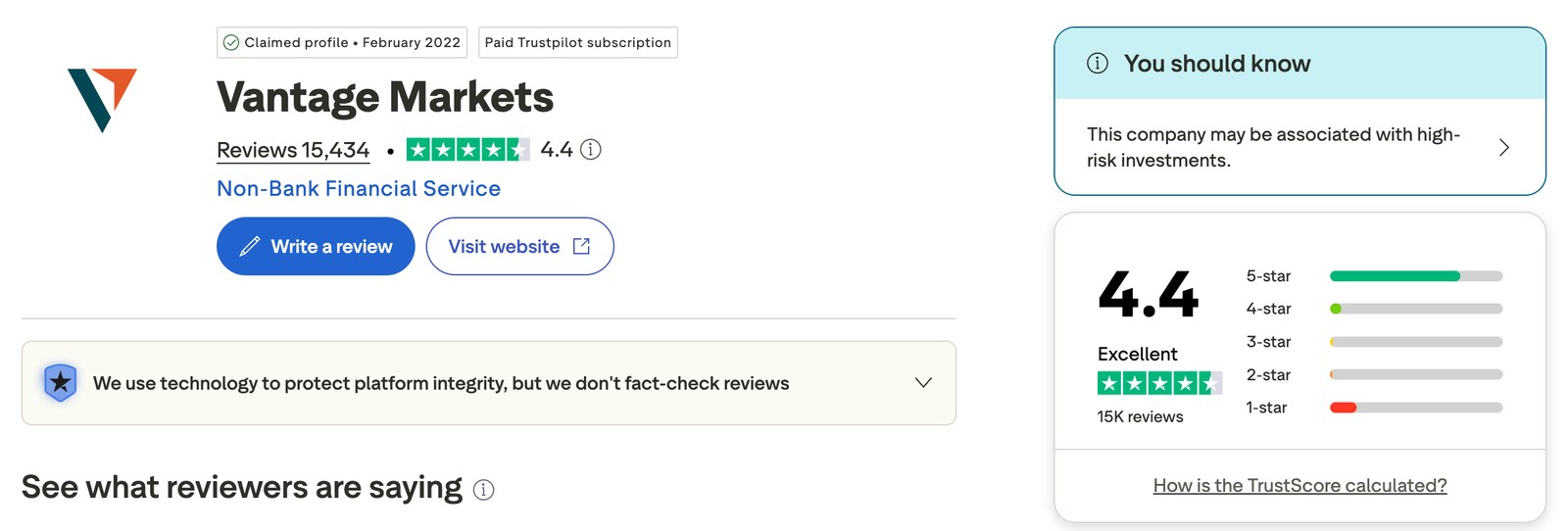 TrustpilotのVantage Marketsのページ。レビュー15,434件で評価は4.4