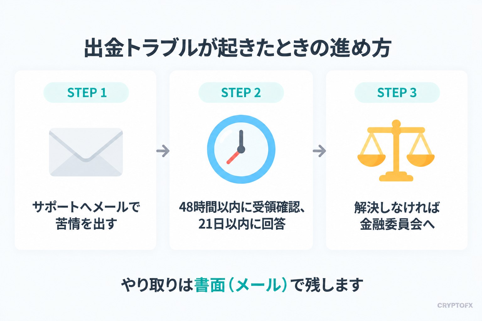 出金トラブルが起きたときの進め方の図。STEP1はサポートへメールで苦情を出す、STEP2は受領確認は48時間以内で回答は21日以内、STEP3は解決しなければ金融委員会へ