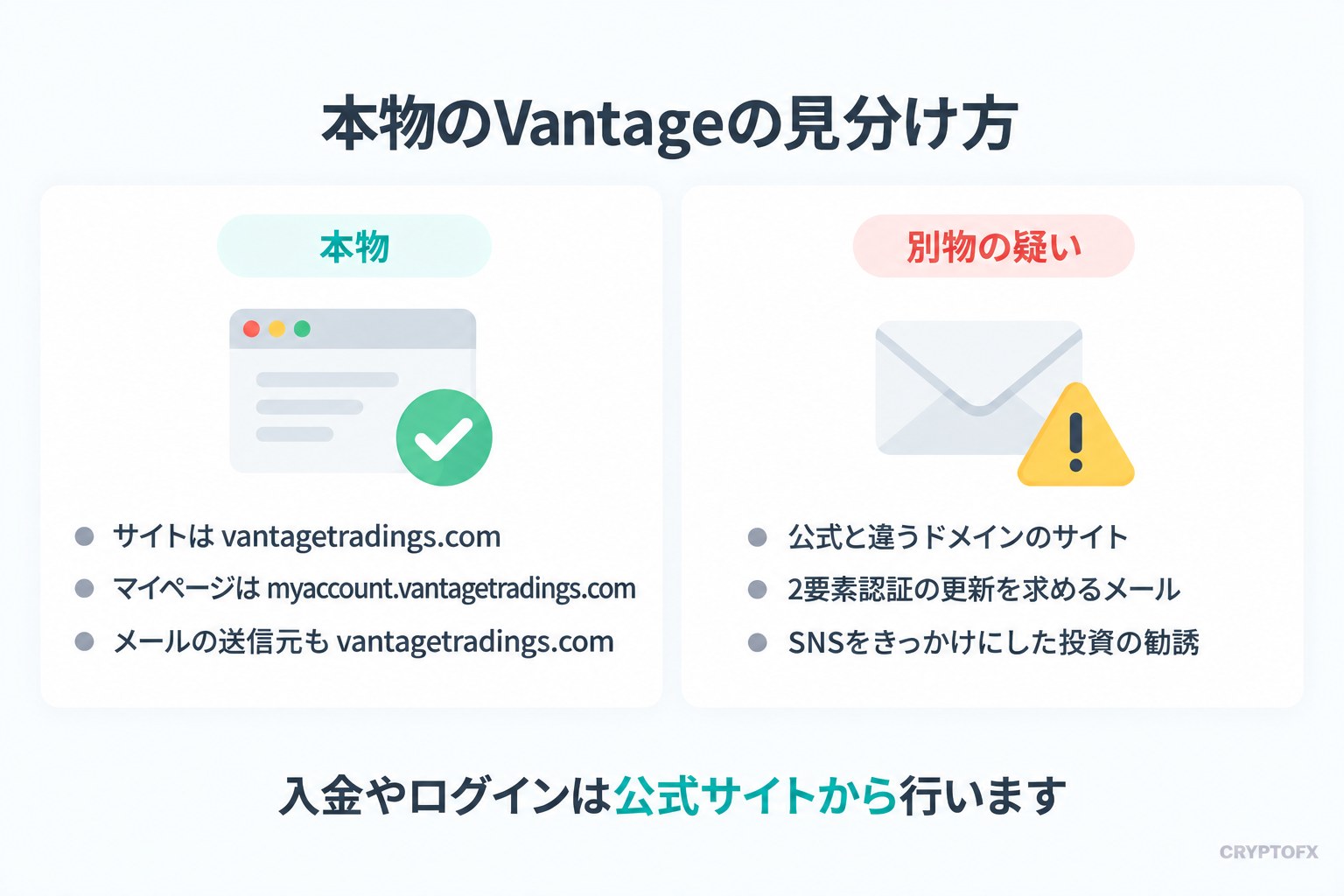 本物のVantageの見分け方の図。本物はサイトがvantagetradings.com、マイページがmyaccount.vantagetradings.com、メールの送信元もvantagetradings.com。別物の疑いがあるのは公式と違うドメインのサイト、2要素認証の更新を求めるメール、SNSをきっかけにした投資の勧誘