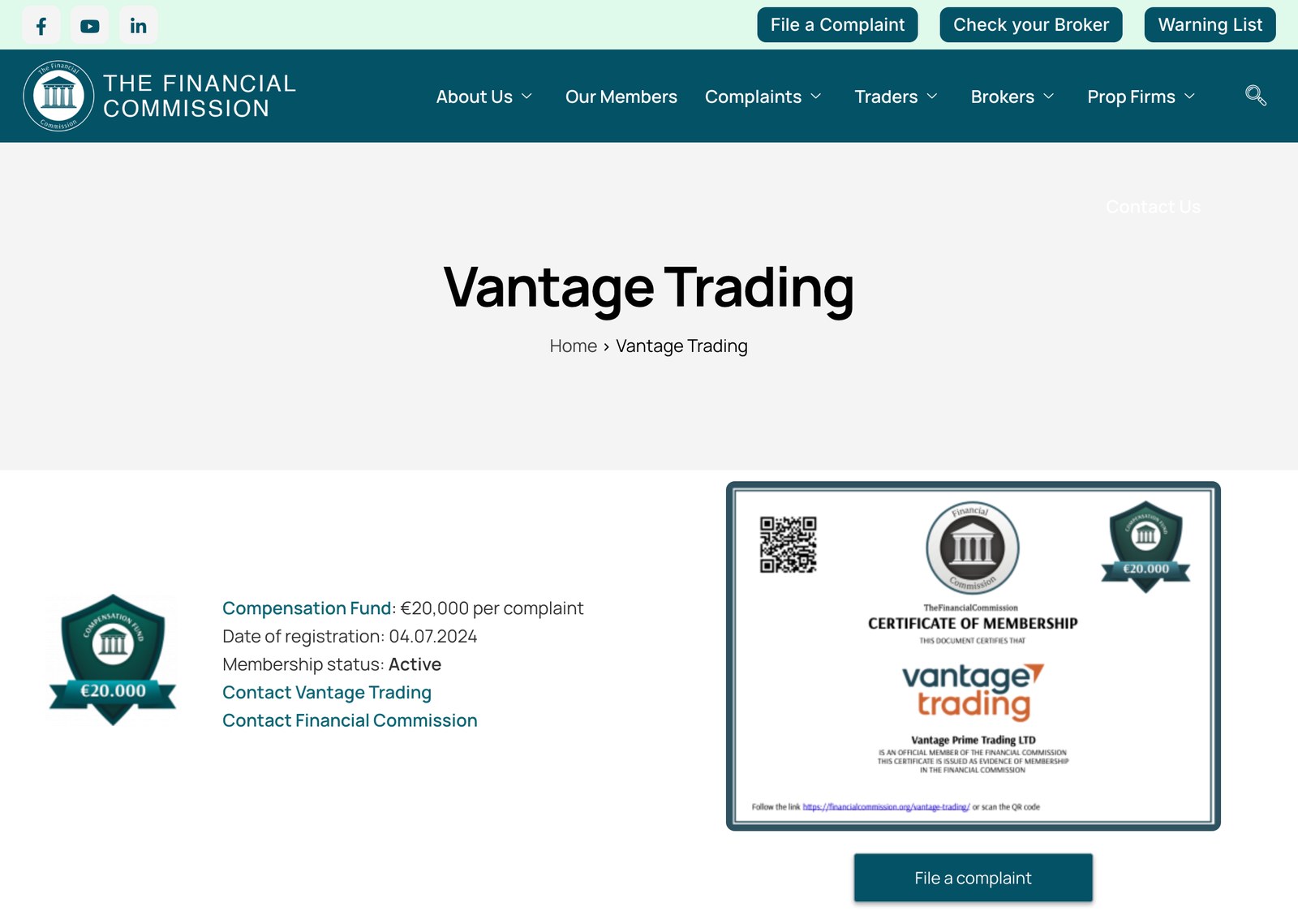 金融委員会(The Financial Commission)のVantage Trading会員ページ。Compensation Fundは1件あたり20,000ユーロ、登録日は2024年7月4日、Membership statusはActive。会員証の名義はVantage Prime Trading LTD