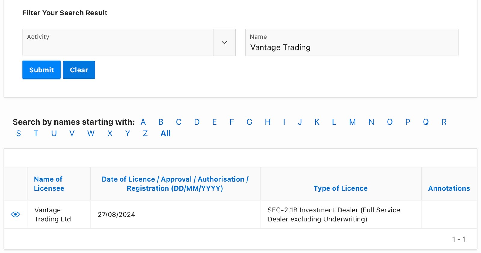 モーリシャス金融サービス委員会の公開登録簿の検索結果。Vantage Trading Ltdが2024年8月27日付でSEC-2.1B Investment Dealer (Full Service Dealer excluding Underwriting)として掲載されている