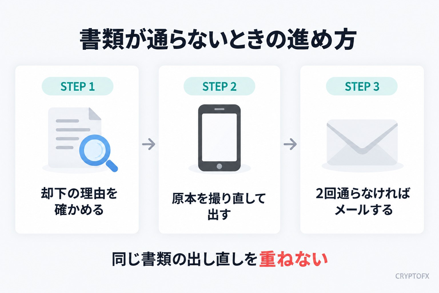 書類が通らないときの進め方。STEP 1 却下の理由を確かめる、STEP 2 原本を撮り直して出す、STEP 3 2回通らなければメールする。同じ書類の出し直しを重ねない
